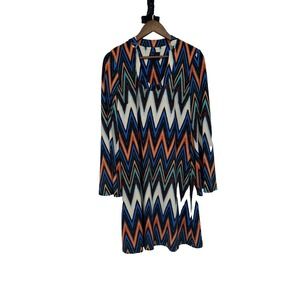 Just TAYLOR Blue Orange Geometric Stretch Bell Sleeve Shift‎ Dress Artsy 10